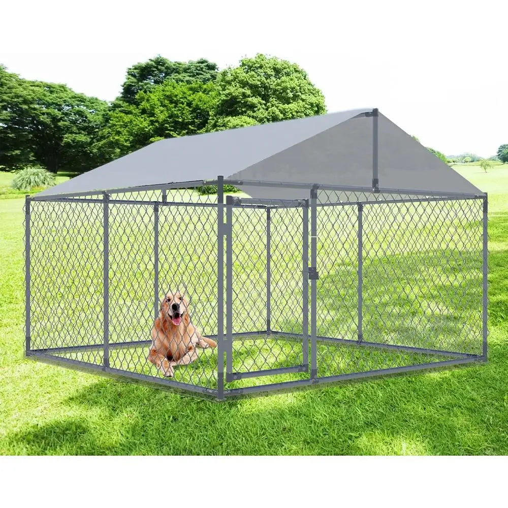 Outdoor Large Dog Cage Heavy Duty Extra Wide Pet Kennels with Water-Resistant Cover (Sliver)