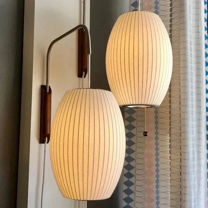 Modern Japanese Style Wall Lamp with Pull Chain Walnut Wood Base Silk Shade LED