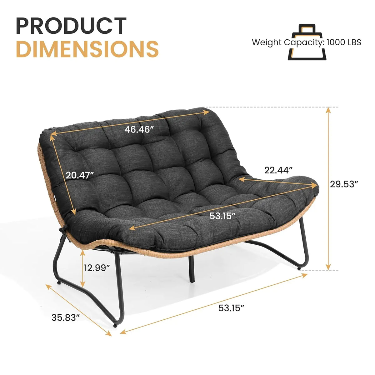 Boho Rattan Outdoor Loveseat with Cushion, 2 Seater All-Weather Patio Furniture for Deck Balcony Poolside, Customized