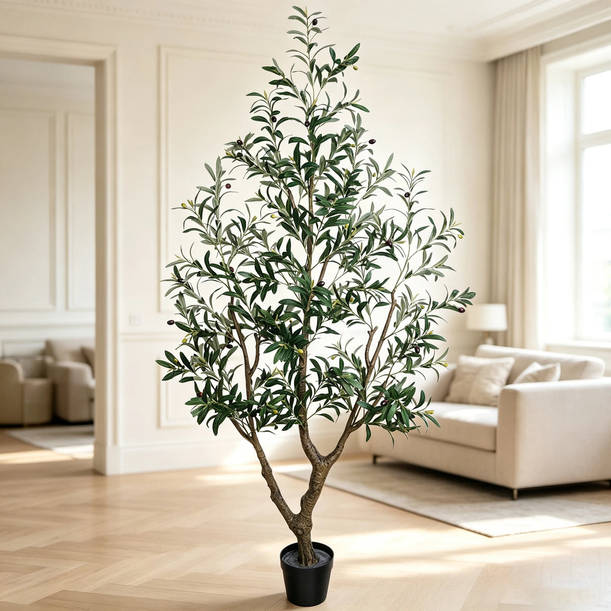 1.5/1.8/2.1m Artificial Olive Tree with Black Pot, Outdoor Indoor Artificial Plant with Natural Wood Trunk and Lifelike Fruits