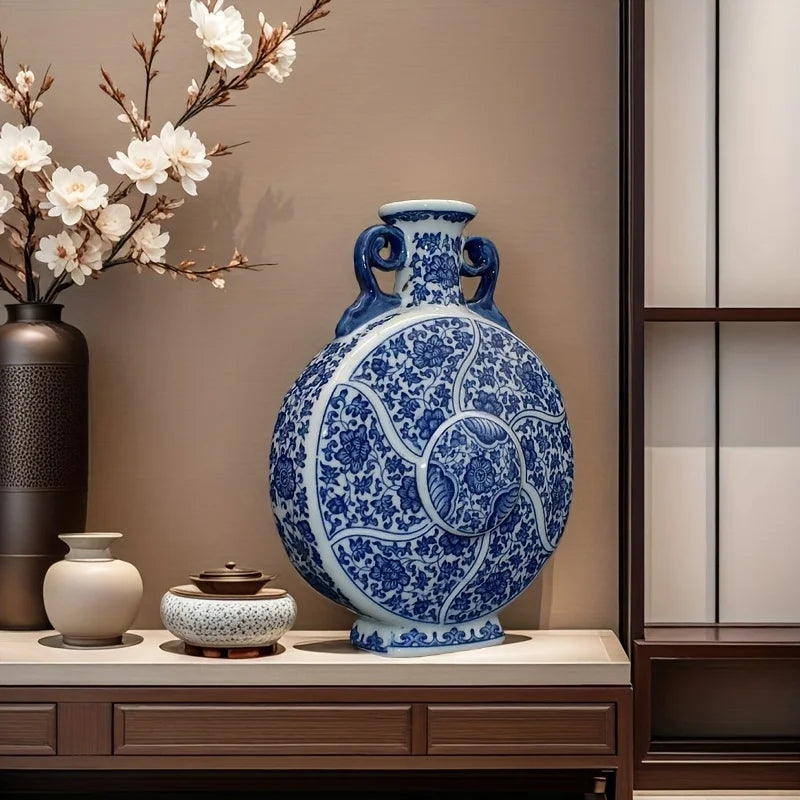 Handcrafted Porcelain Vase with Blue & White Floral Traditional Chinese Home Decor,