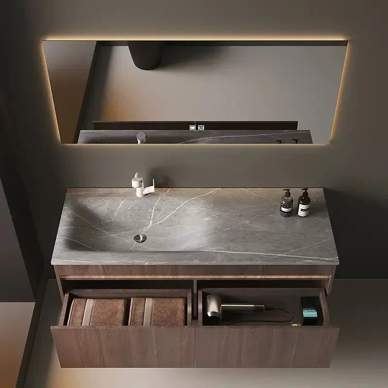 Light Luxury Vanity, Modern Solid Wood Bathroom Sink Cabinet, Rock Slab Integrated Washbasin