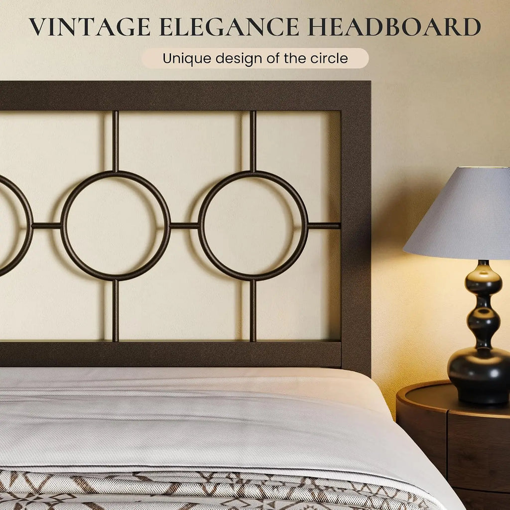 Queen Size Metal Bed Frame with Vintage Circular Design Headboard and Footboard,No Box Spring Required,