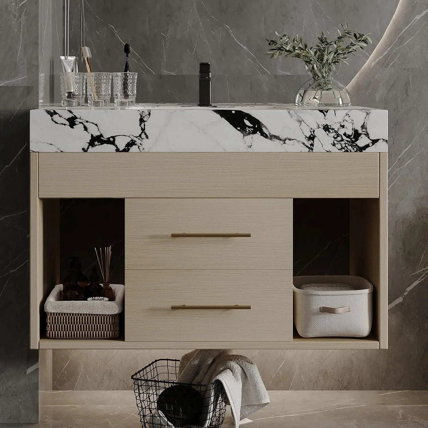 36 inch Bathroom Vanity with Sink and Countertop, Modern Freestanding Bathroom Vanity Cabinet with Oval Ceramic Vessel, Custom