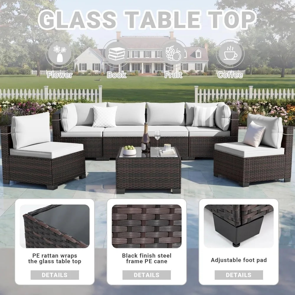 7 Pieces Rattan Wicker Sectional Sofa Set, with Tea Table