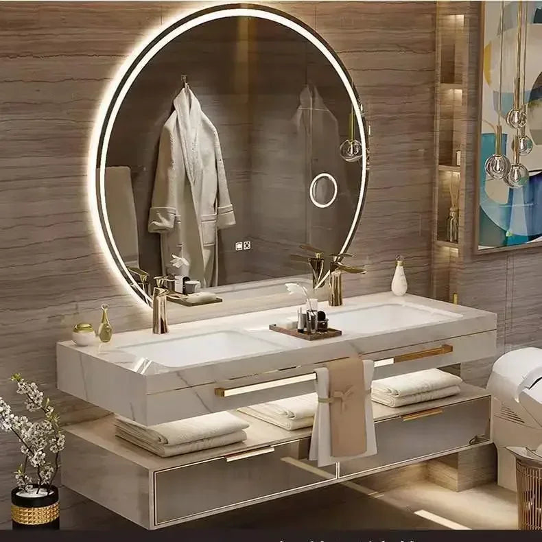 Modern Slate Bathroom Cabinet with Smart Mirror, Ceramic Double Washbasin Bathroom Vanity, Cabinets Under Sink