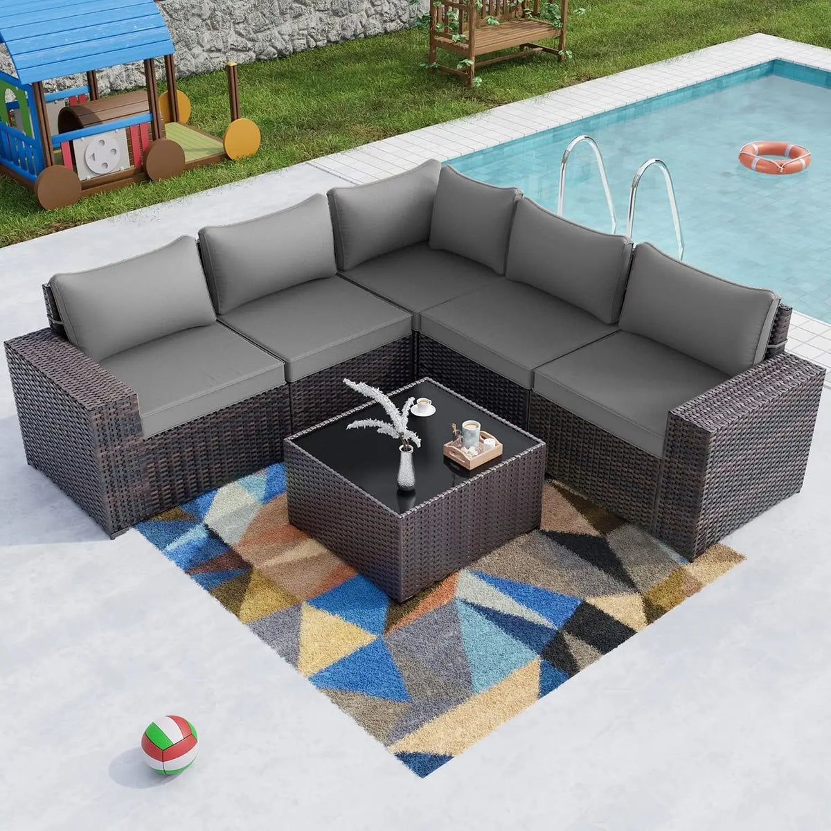 Outdoor Patio PE Wicker Rattan Sectional Sofa Set 6PCS, Customized