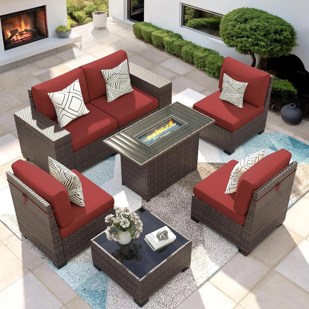 Patio Furniture Set with Fire Pit Table, 7 Piece Outdoor Sectional Conversation Sets Wicker Rattan Sectional Sofa,