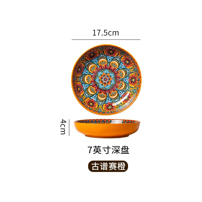 7in or 8in Ceramic Plates Household Retro Tableware Pasta Steak Plate Breakfast Dumpling  Fruit Plate