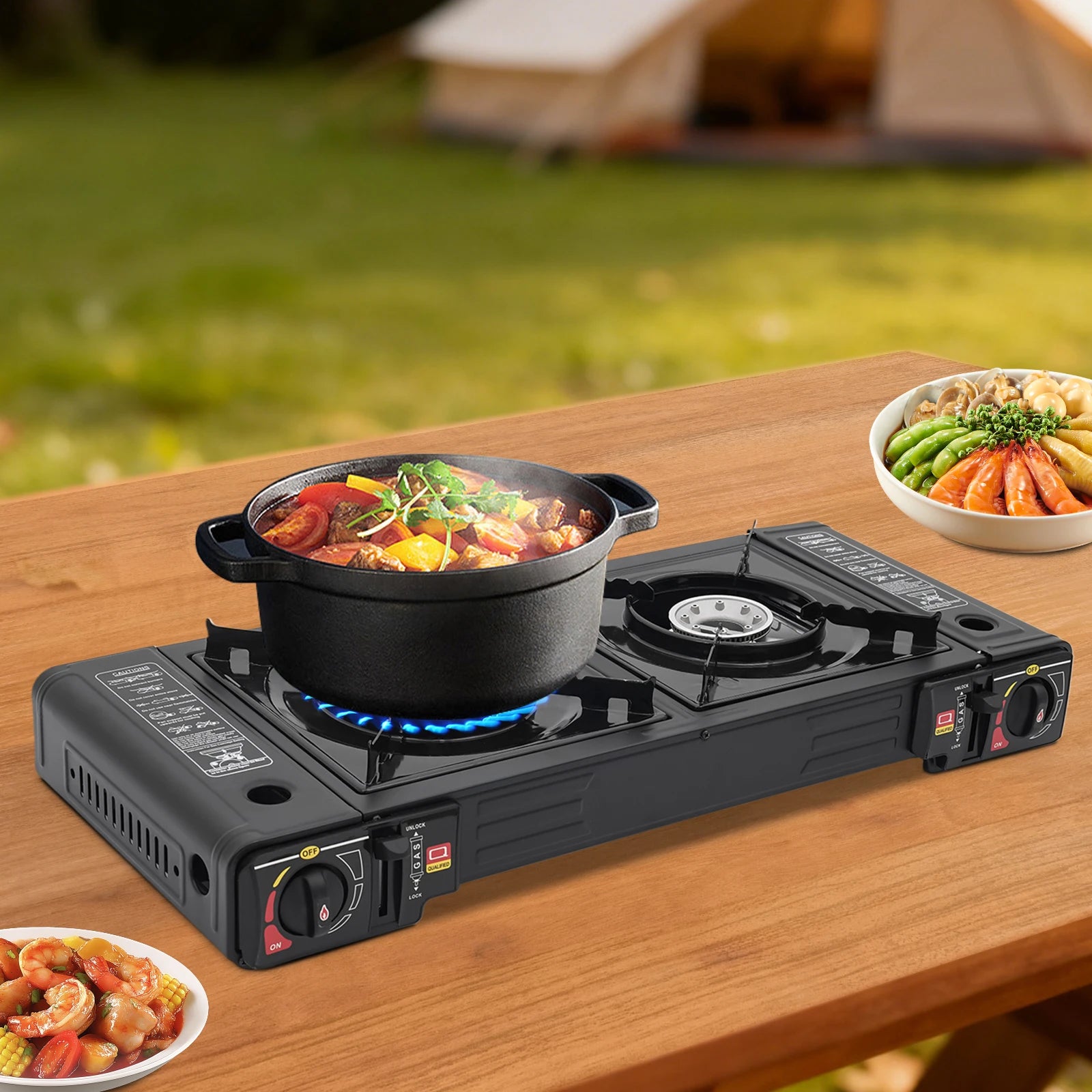 2 Burners Portable Camping Stove, 2.5KW Auto Ignition Butane/LPG Gas Stove w/Baking Tray + Carrying Case