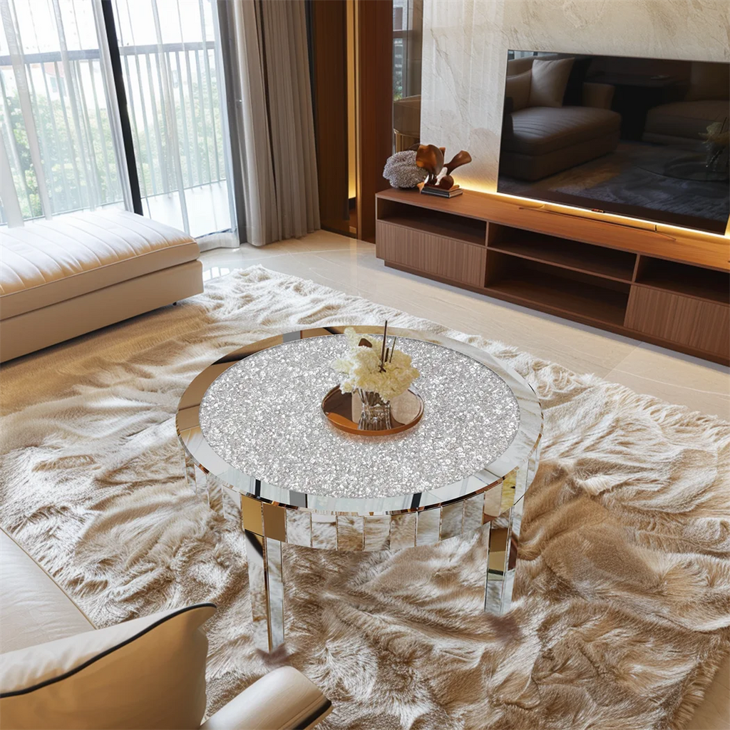 Luxury Silver Round Mirrored Coffee Table, Elegant Accent Side Table with Glass Tabletop