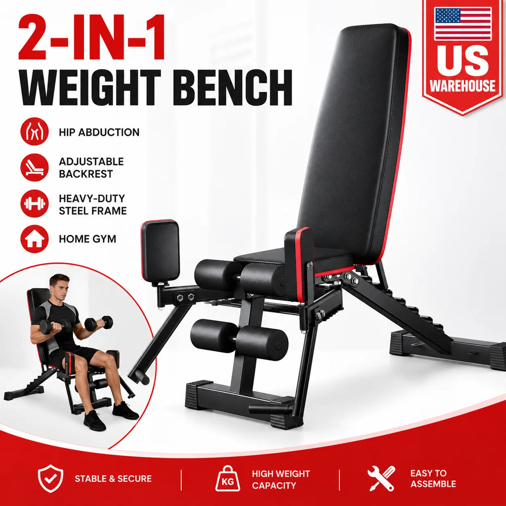 2-in-1 Weight Bench for Home Gym, Adjustable Backrest and Resistance Rope System,
