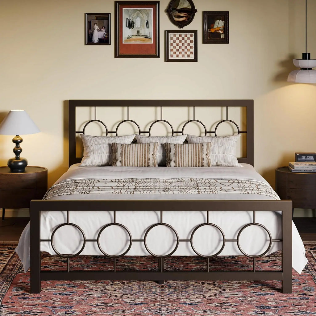Queen Size Metal Bed Frame with Vintage Circular Design Headboard and Footboard,No Box Spring Required,