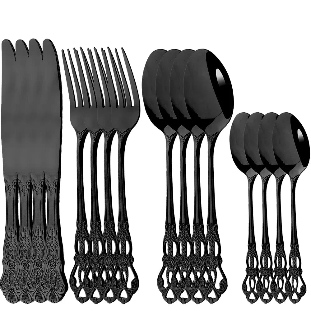 16Pcs  Dinnerware Set Vintage Stainless Steel Tableware Dinner Knife Fork Dessert Spoon Cutlery Set Kitchen Flatware