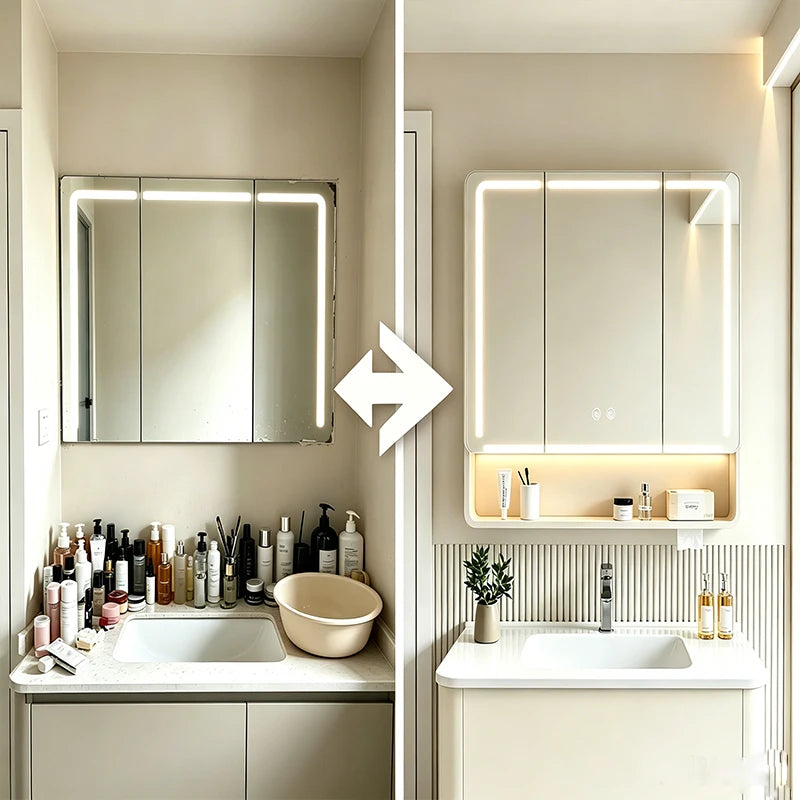 Nordic European Style LED Anti-Fog Wall Mount Smart Bathroom Mirror Cabinet