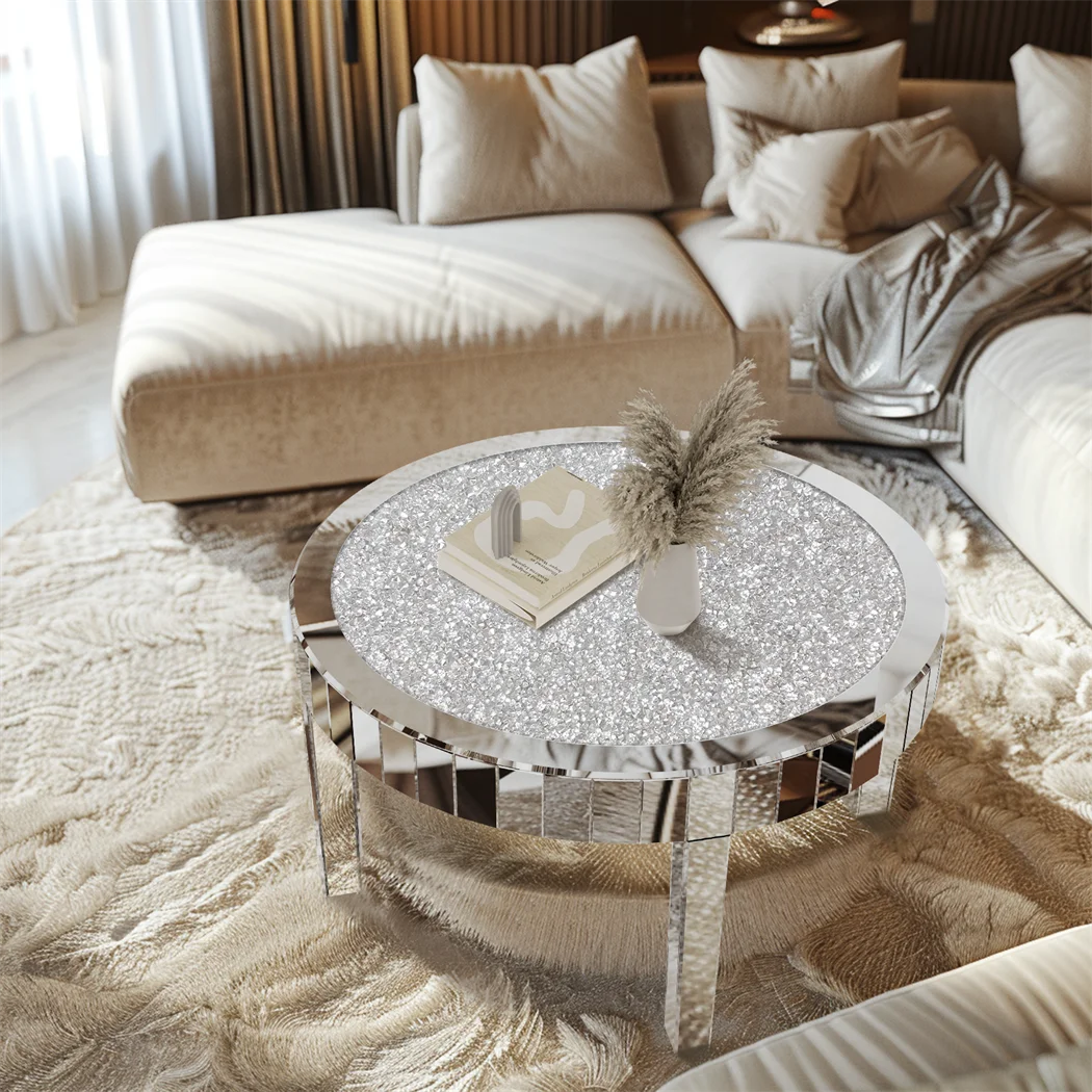 Luxury Silver Round Mirrored Coffee Table, Elegant Accent Side Table with Glass Tabletop
