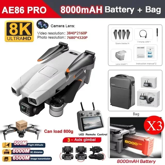 AE86 PRO MAX GPS Drone Professional 8K HD ESC Camera 5G FPV WiFi With 3-Axis Gimbal Flight 28 Minute Brushless RC Quadcopter 8KM
