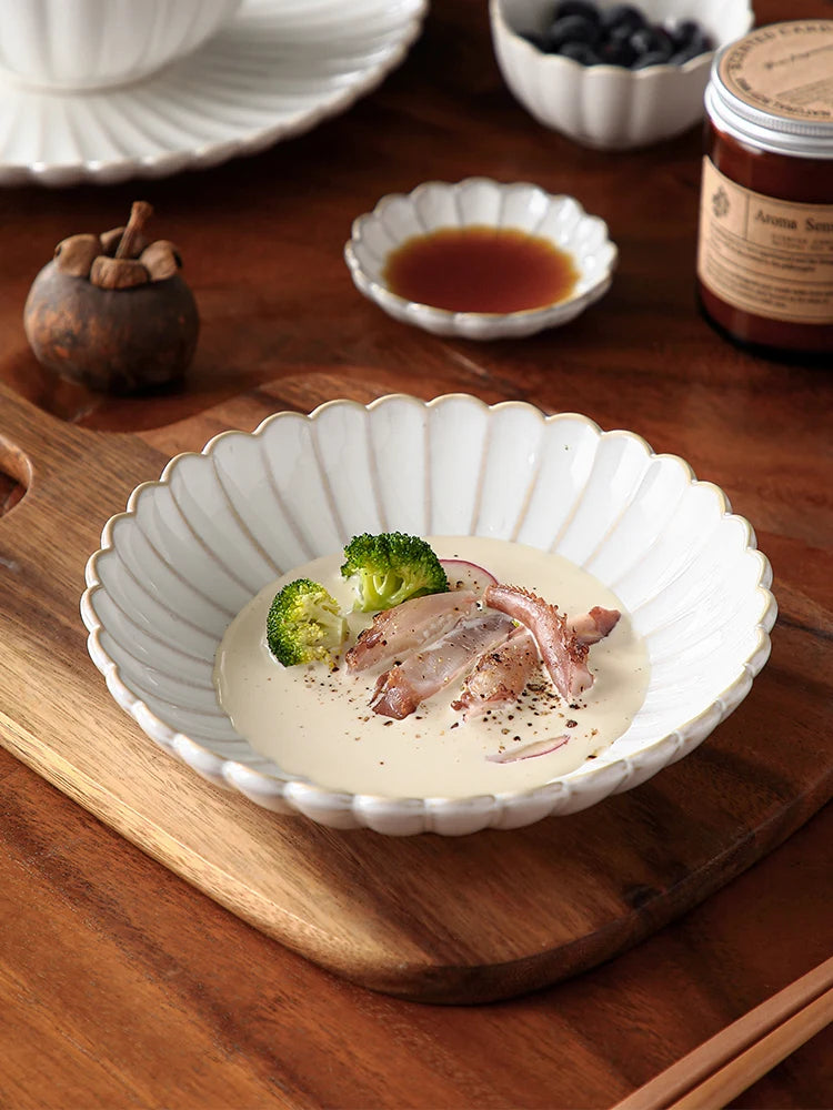 Nordic Household White Bowls Dinner Plates Ceramic White Glaze Tableware Set Western Steak Dish Salad Bowl Vegetable Fish Plate