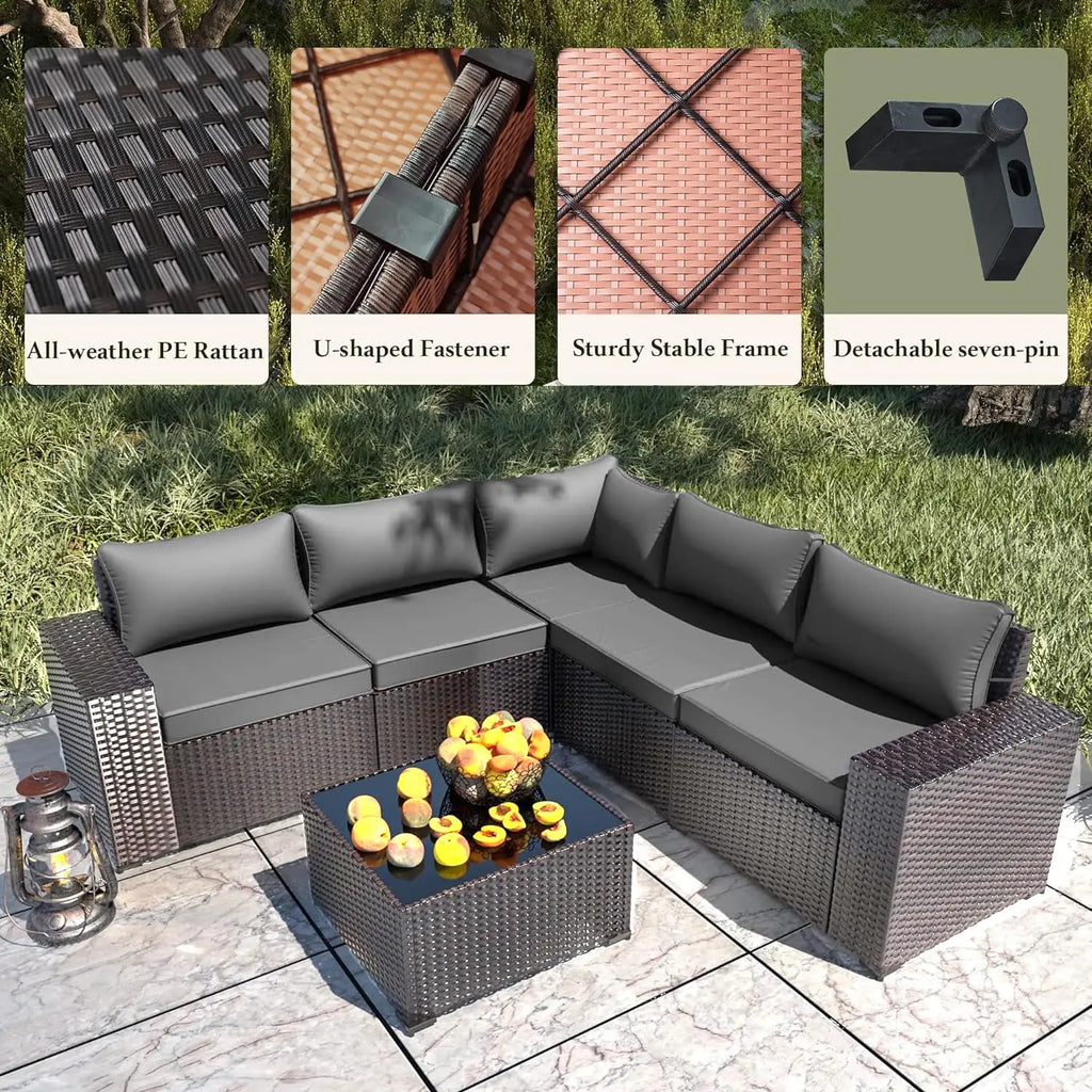 6 PCS Outdoor Patio Rattan Wicker Sectional Sofa Set with Coffee Table & Thickened Cushions,