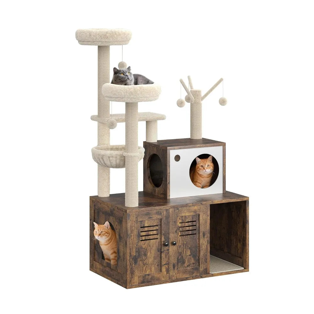 Cat Tower with Litter Box Enclosure, 2-in-1 Modern Cat Tree, 55.1-Inch Cat Condo with Scratching Posts,