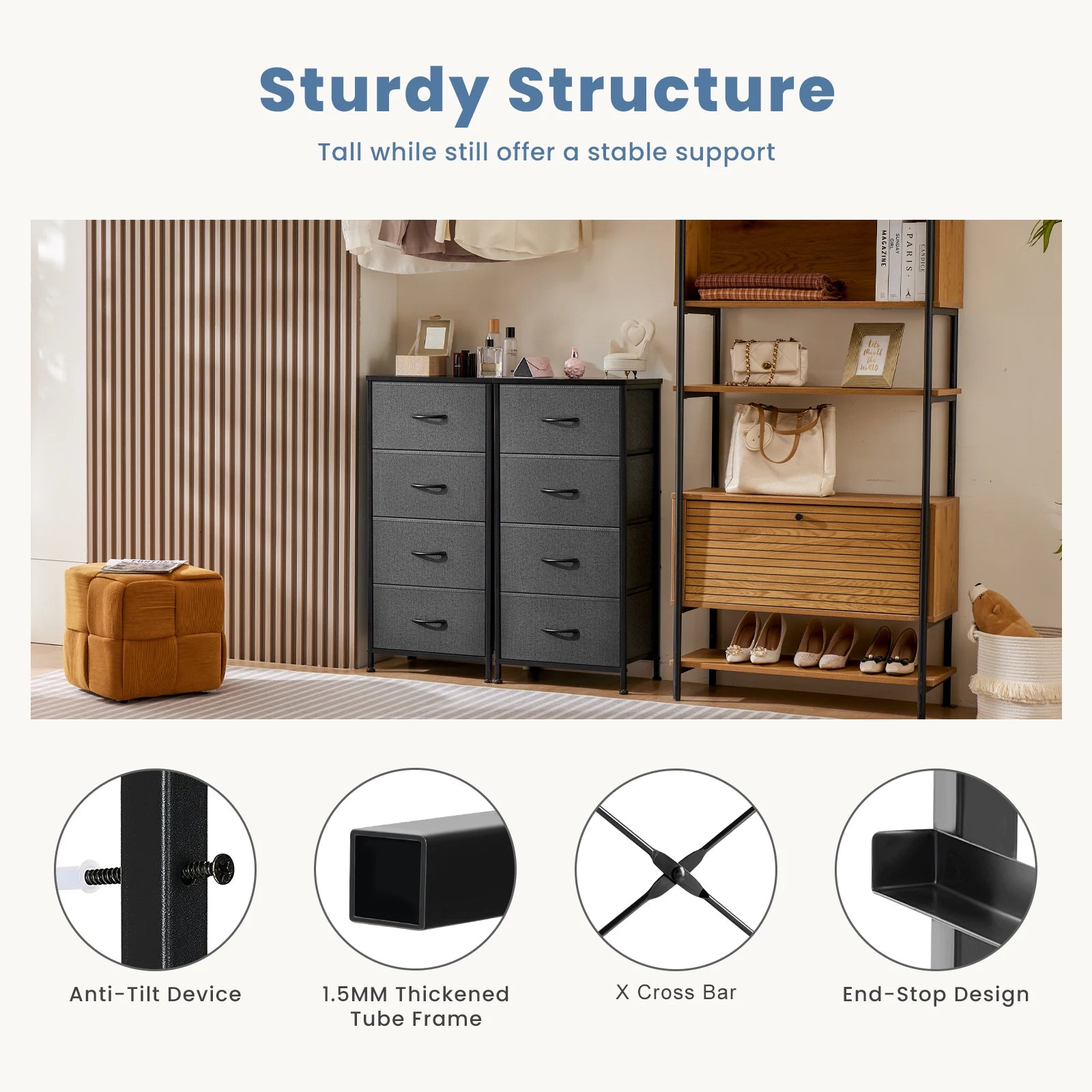 JHK Dresser For Bedroom With 4 Fabric Drawers, Nightstand Wardrobe Steel Frame Closet