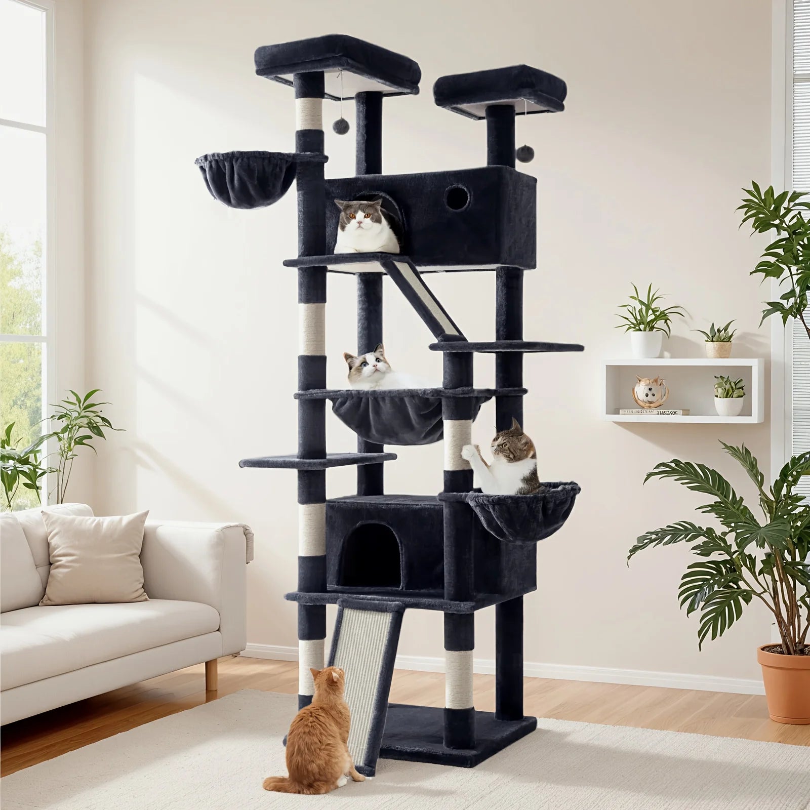 HOOMIC 81-Inch Multi-Level Tall Cat Tree for Indoor Cats/ Large Cat Tower with Plush Condo/ Hanging Hammock & Basket/ Comfortable Cat Perches/ Sisal Scratching Posts/ Sturdy Base/ Spacious Play House/ Pet Furniture/ Free Ship