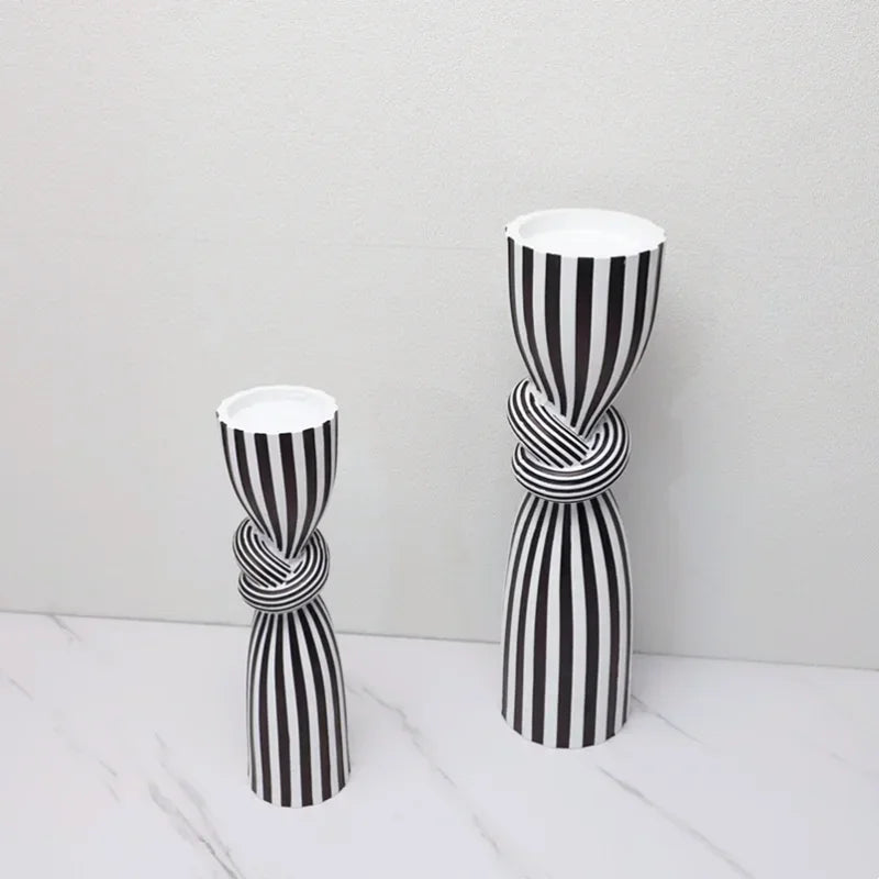 Black and White Striped Twisted Rope Knot Single Candle Holder, Resin, Dining Table Wedding Center Decoration, Modern Decoration