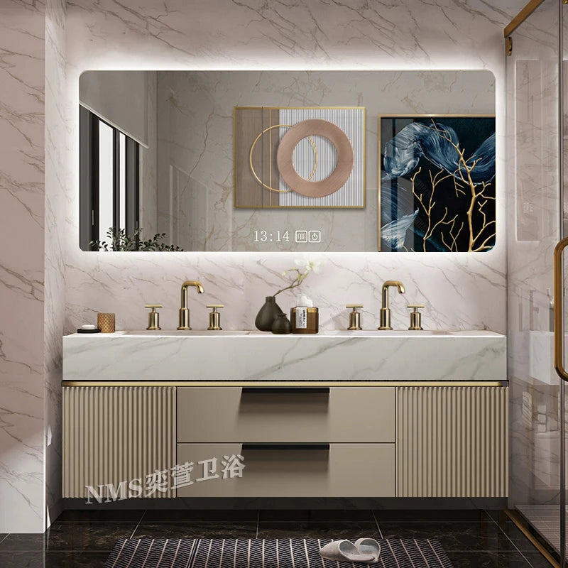 Light Luxury Slate Integrated Basin Bathroom Cabinet, Double Washbasin Combination