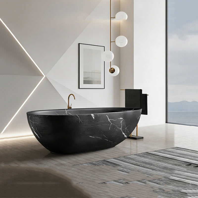 1700x750x540mm Bathroom Artificial Stone Freestanding Stone Bathtub, Black with White Veins