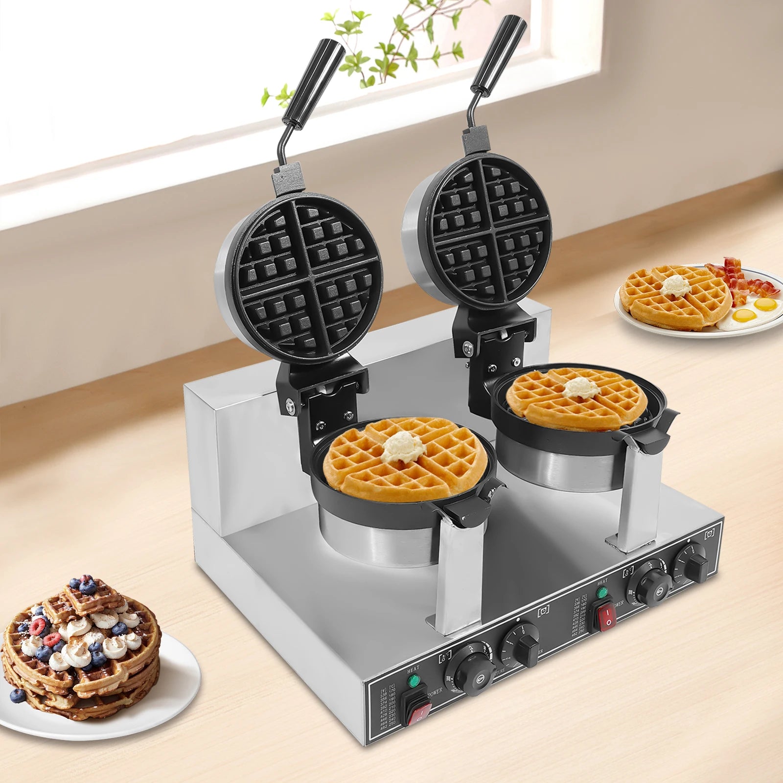 Silver 201 Stainless Steel Waffle Maker,110V Double Head Waffle Maker Machine Tabletop 50*39*30cm for Home,Dessert Stores