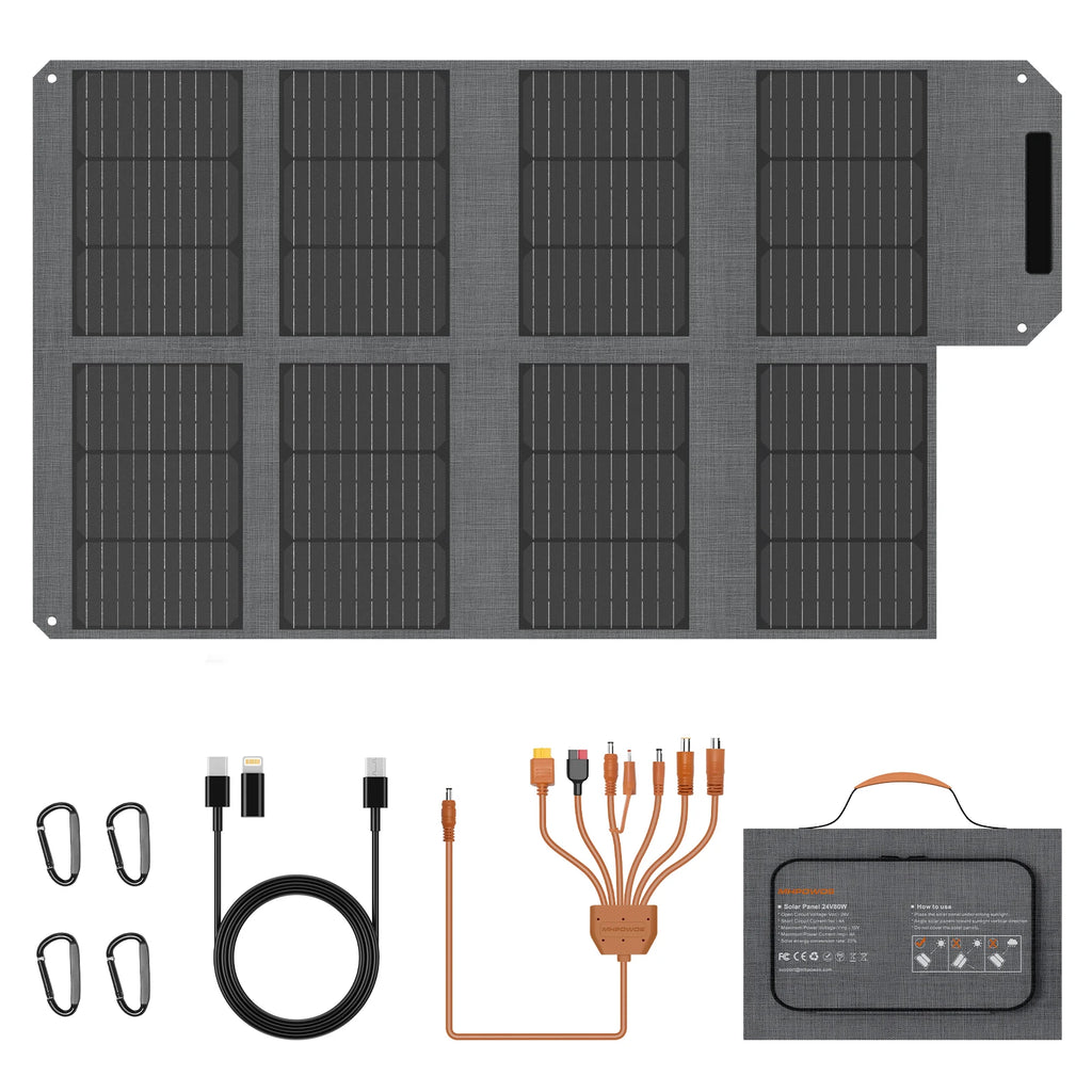 MHPOWOS 80W Foldable Solar Panel Portable Power Supply With 4 Ports (DC/USB-C/2xUSB-A) & 7-in-1 Connector