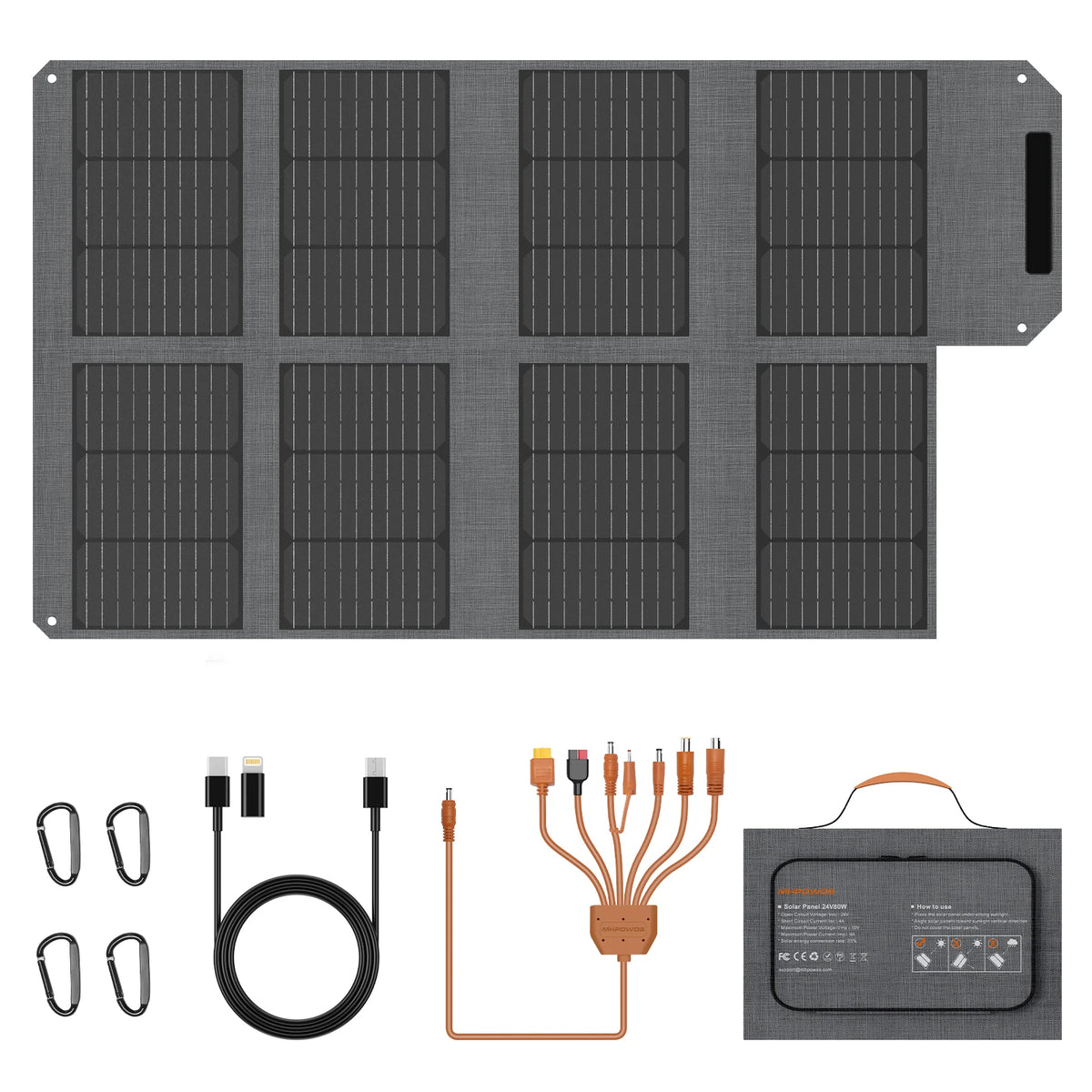 MHPOWOS 80W Foldable Solar Panel Portable Power Supply With 4 Ports (DC/USB-C/2xUSB-A) & 7-in-1 Connector