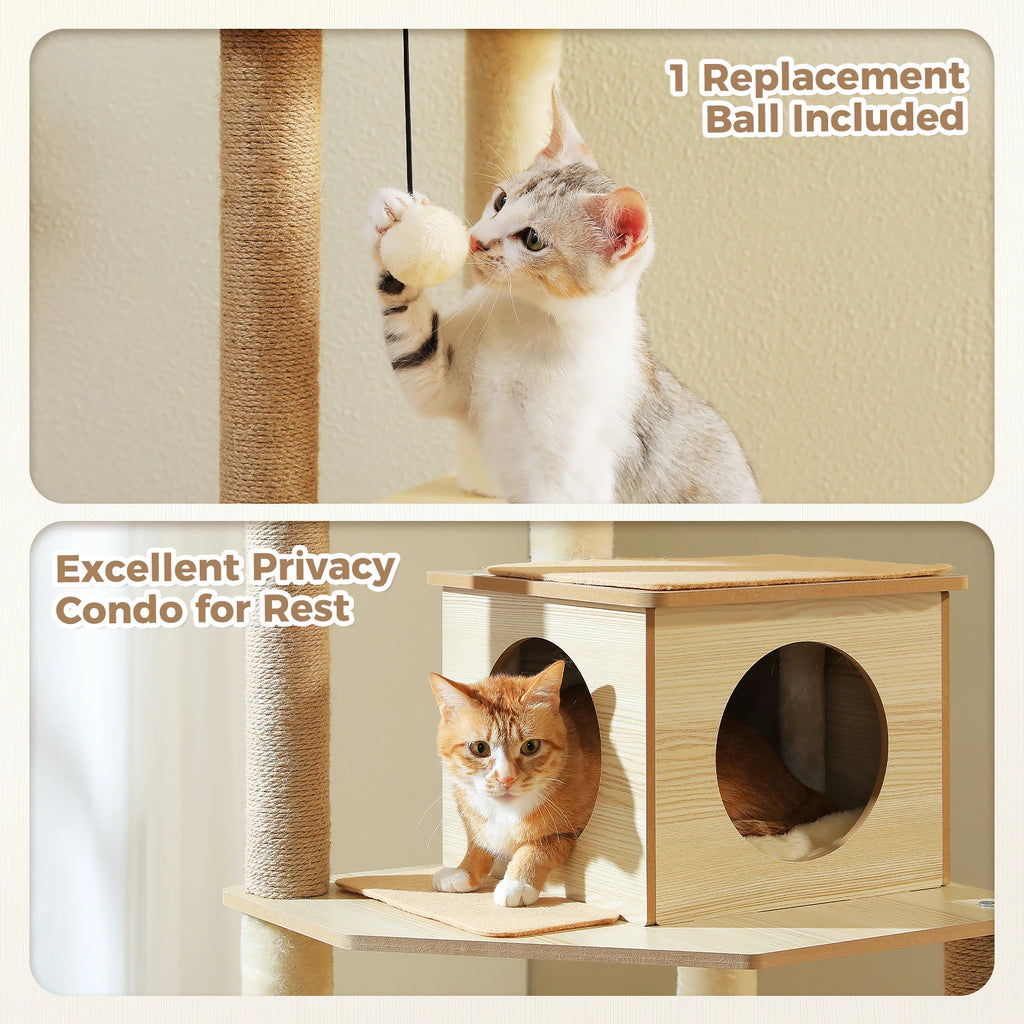 Wood Cat Tree with Sisal Scratching Posts, Large Hammock, Cozy Condo Bed, Multi-Level Cat Tower