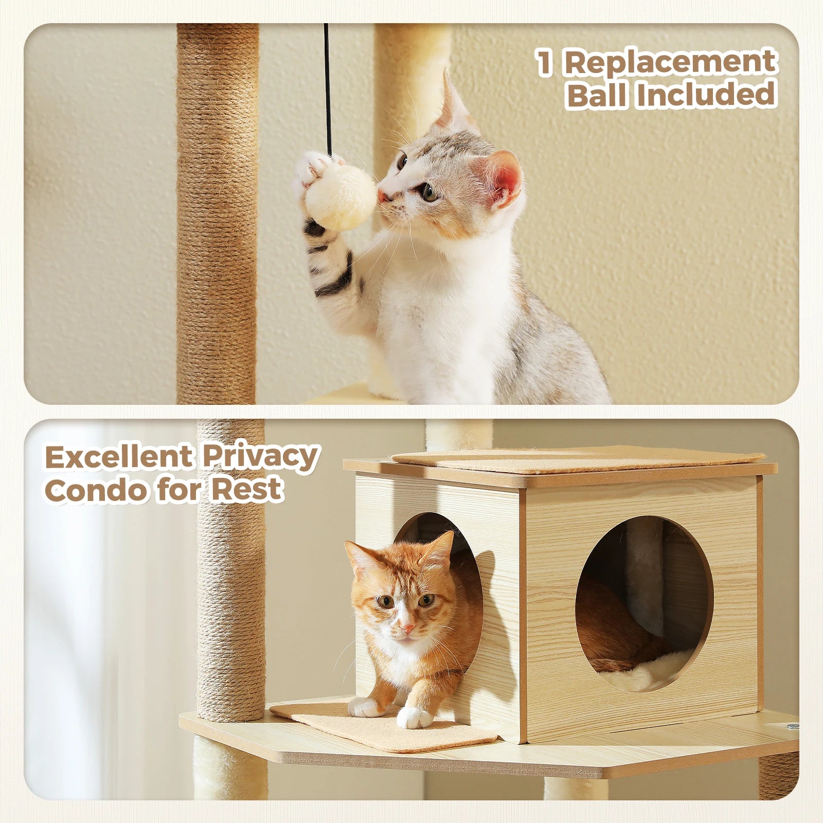 Wood Cat Tree with Sisal Scratching Posts, Large Hammock, Cozy Condo Bed, Multi-Level Cat Tower