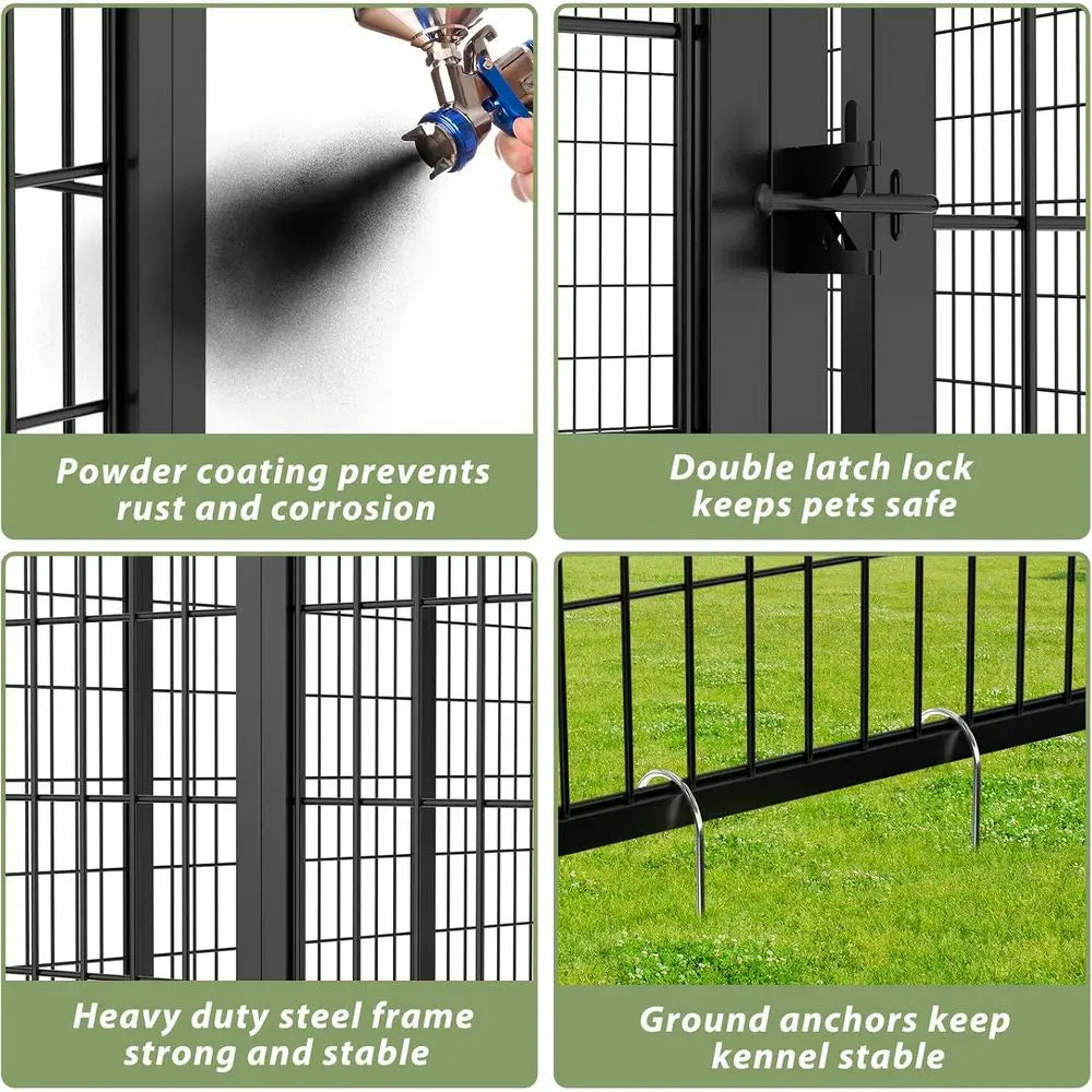 Outdoor Dog Kennel with Roo, Heavy Duty Steel Dog Run Enclosure or Small Dogs, Waterproo , Double Door, Adjustable eeding Bowls,