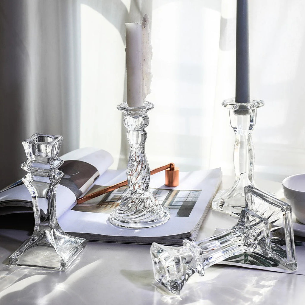 Glass Candle Wick Holder Clear Pillar Table Design Candlestick for Dining Decor