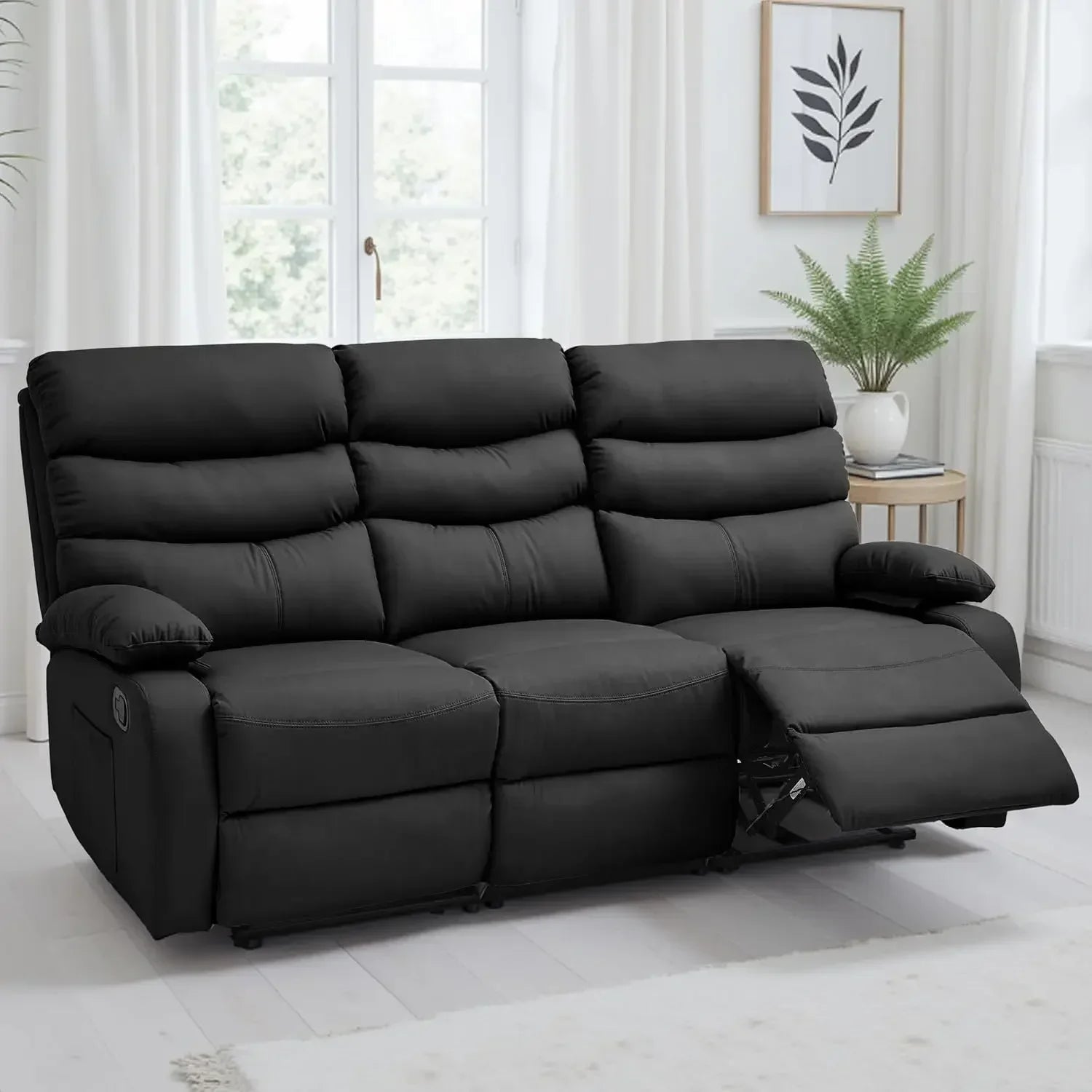 Manual 3 Seat Reclining Sofa Leather 3-Seater Manual Reclining Couch with Overstuffed Arms