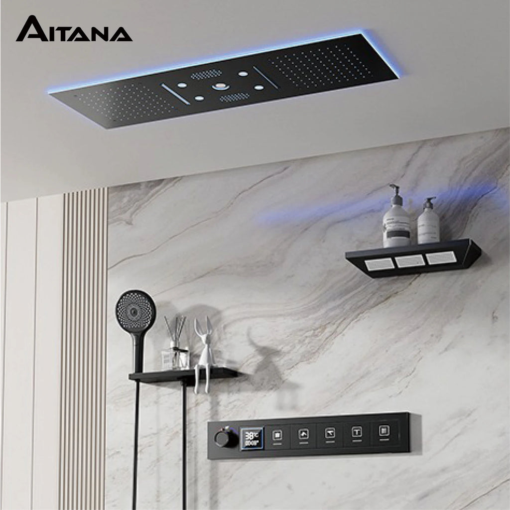 AITANA Luxury Brass Gunmetal LED Display Thermostatic Shower System Bathroom Ceiling Embedded Concealed Giant Curtain Rainfall