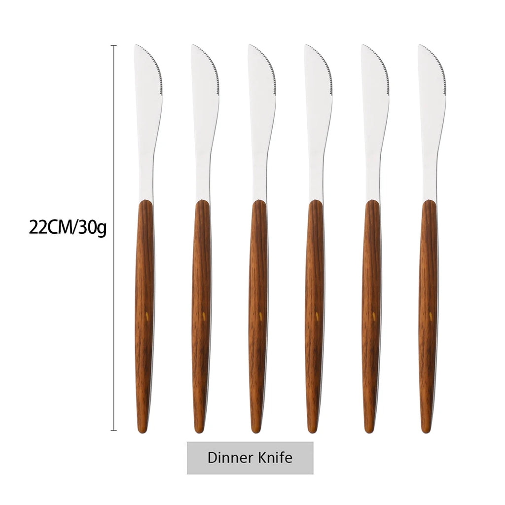 6/30Pcs Imitation Wooden Handle Cutlery Set Knife Cake Fork Coffee Spoons Tableware Stainless Steel Dinnerware Western Flatware