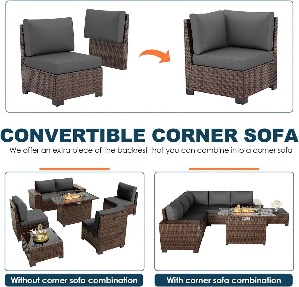 Patio Furniture Set with Fire Pit Table, 7 Piece Outdoor Sectional Conversation Sets Wicker Rattan Sectional Sofa,