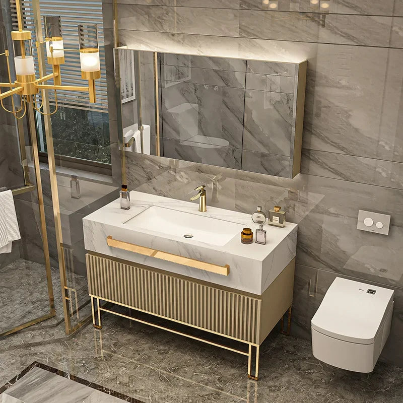 Luxury Bathroom Vanity with Single/Double Slab Ceramic Sink Bathrooms Vanity Smart LED Light Cabinet Sink Bathroom Furniture Set