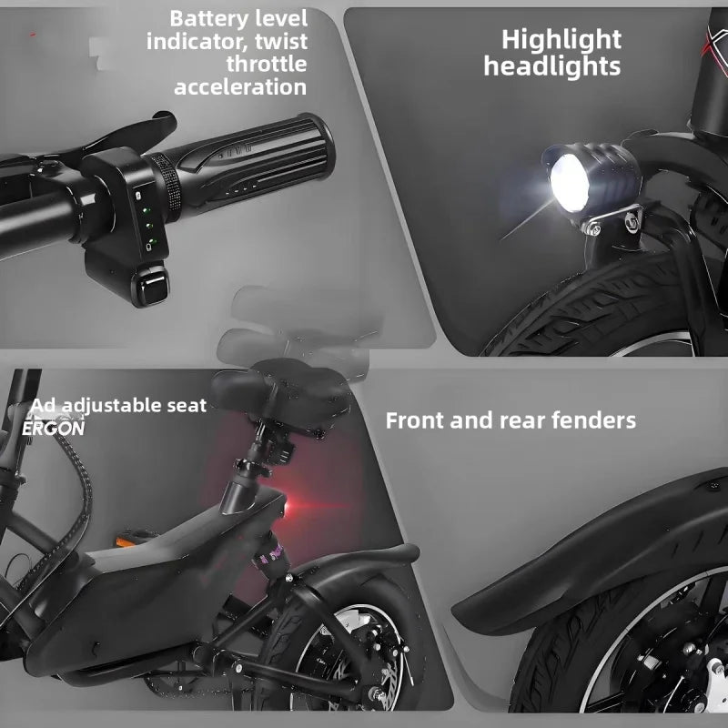 36V7.5AH foldable 14-inch lithium battery electric bicycle, 250W brushless motor