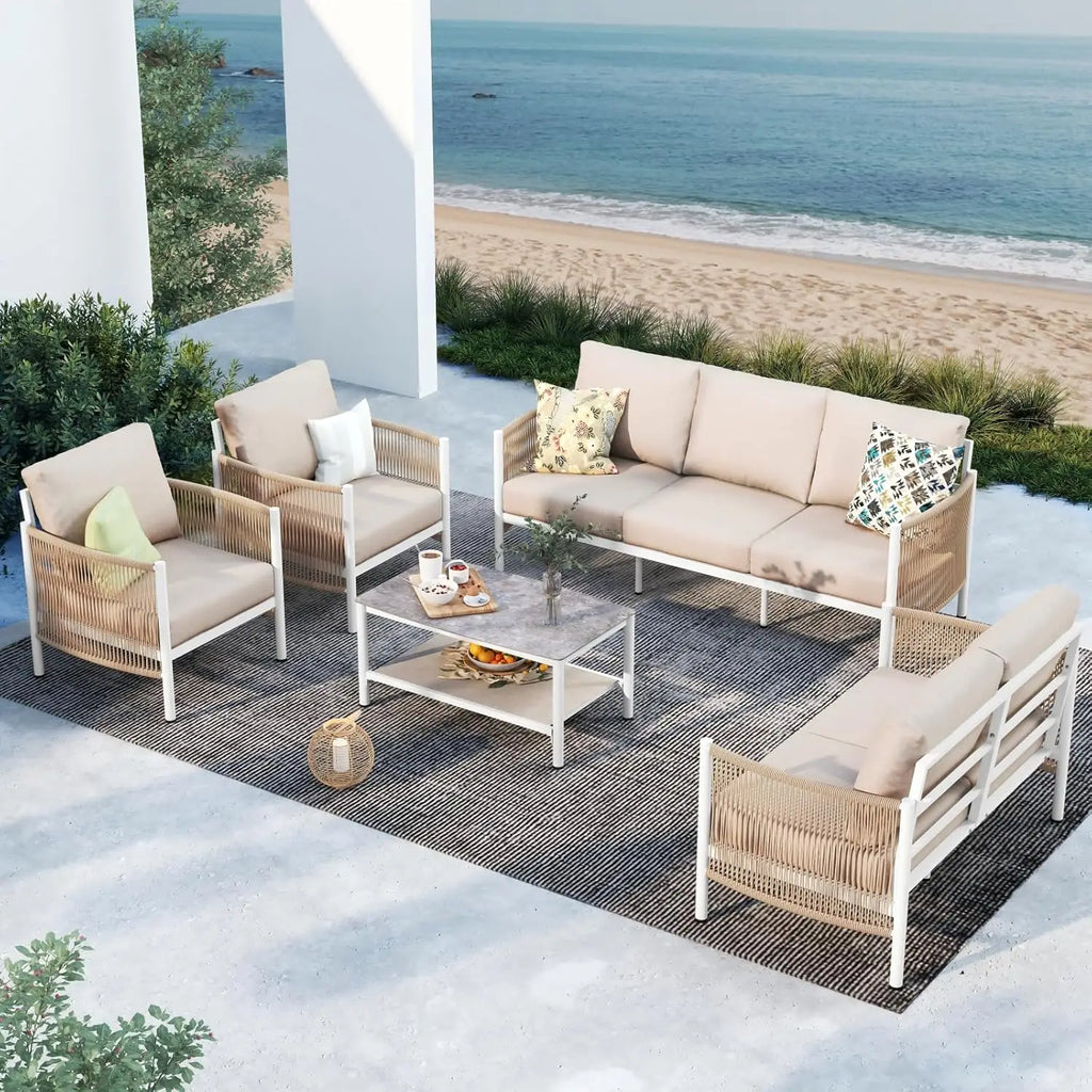 5 Piece Aluminum Outdoor Patio Furniture Set with Dual-Layer Coffee Table,