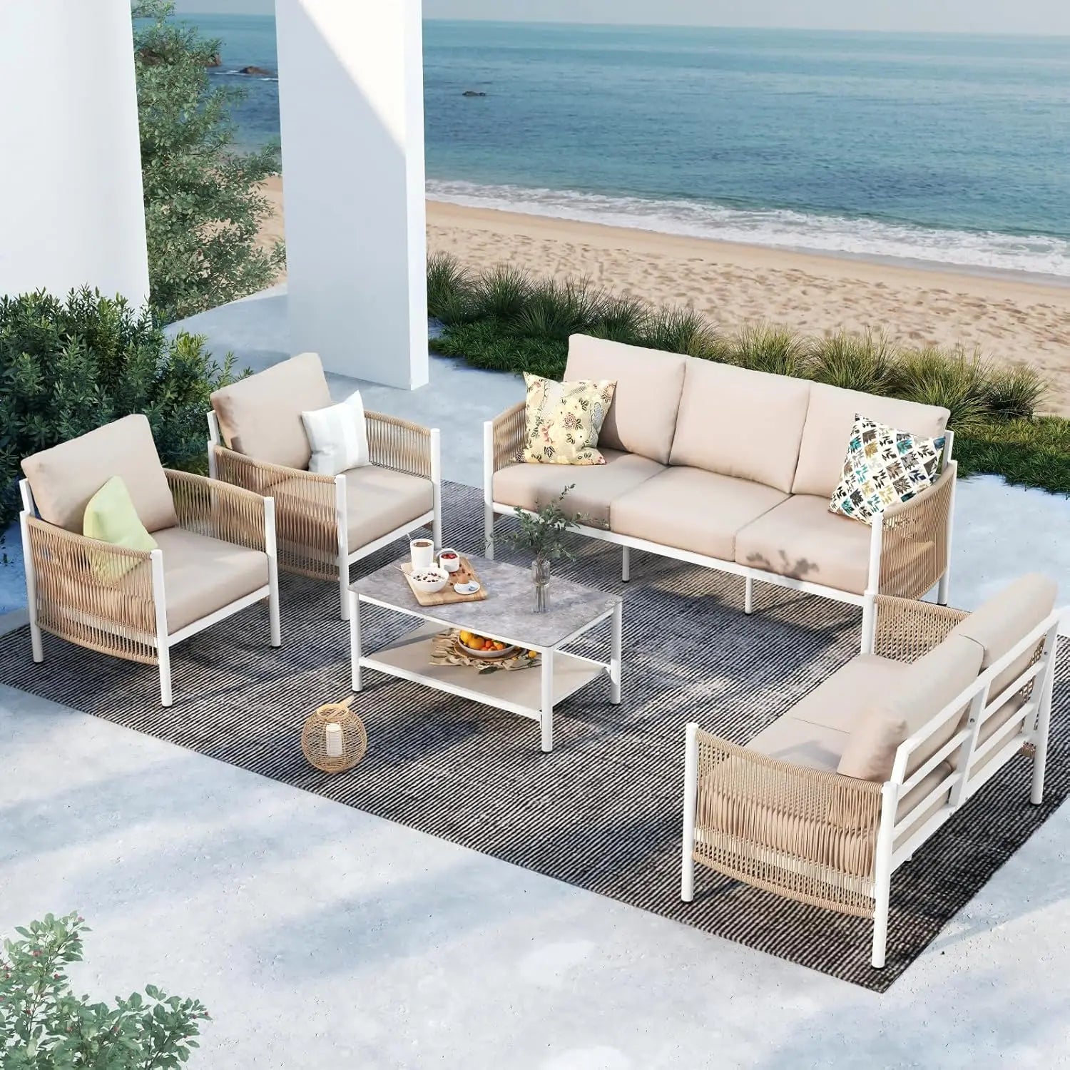 5 Piece Aluminum Outdoor Patio Furniture Set with Dual-Layer Coffee Table,