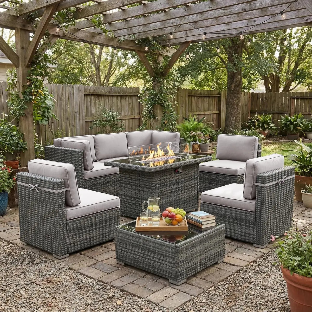 8 Piece Patio Furniture Set with 44" Propane Gas Fire Pit Table,