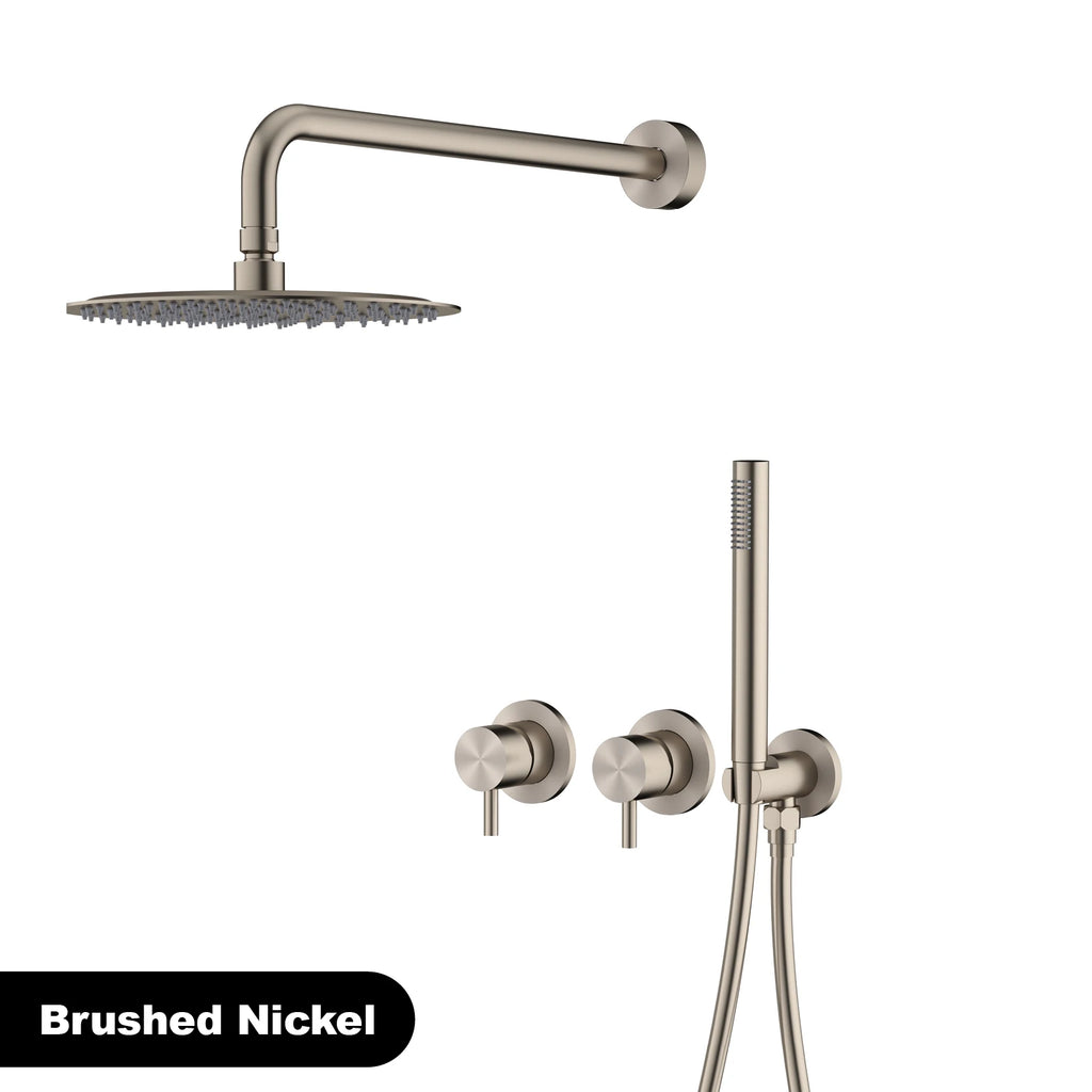 Luxury brass gun gray wall mounted shower head system with minimalist design, dual handle hot and cold water bathroom faucet