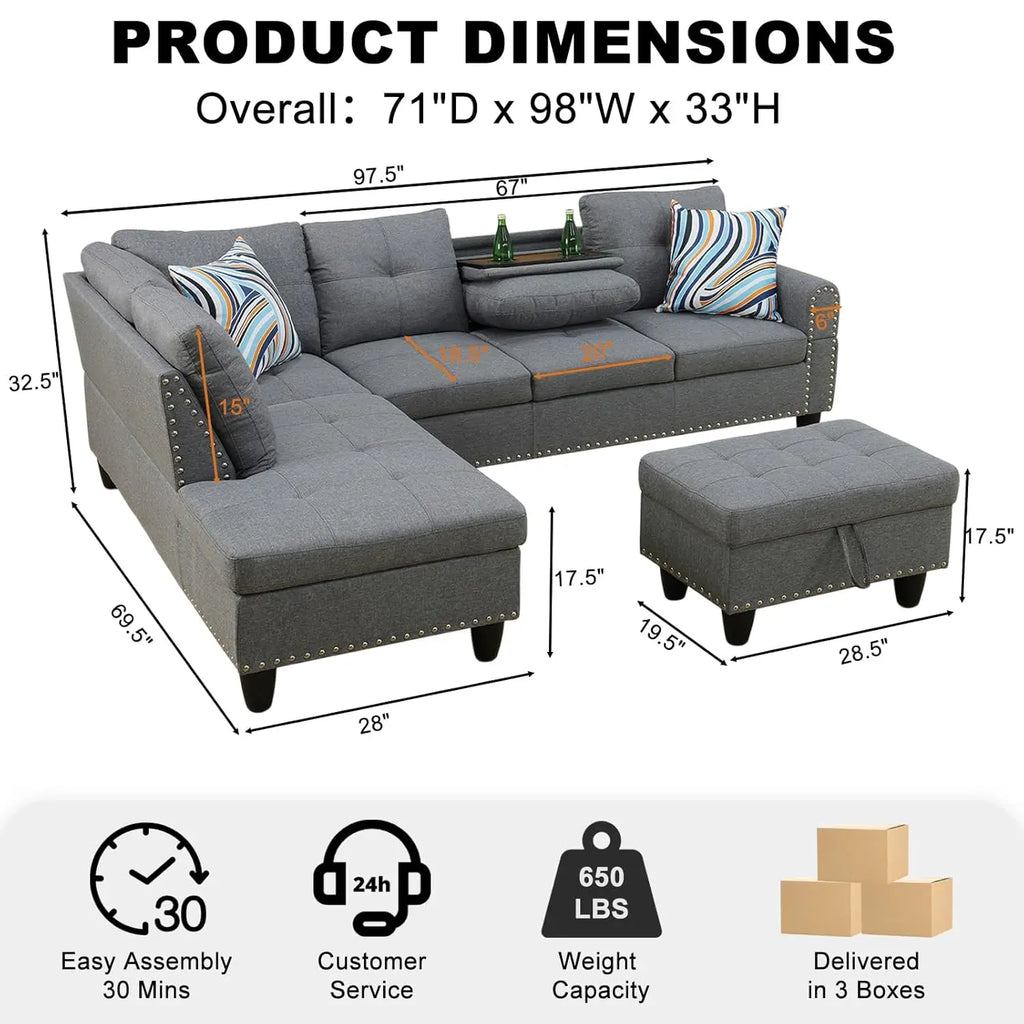 Modern L-Shape Sectional Sofa Chaise & Ottoman, 2 Pillows, Cup Holder