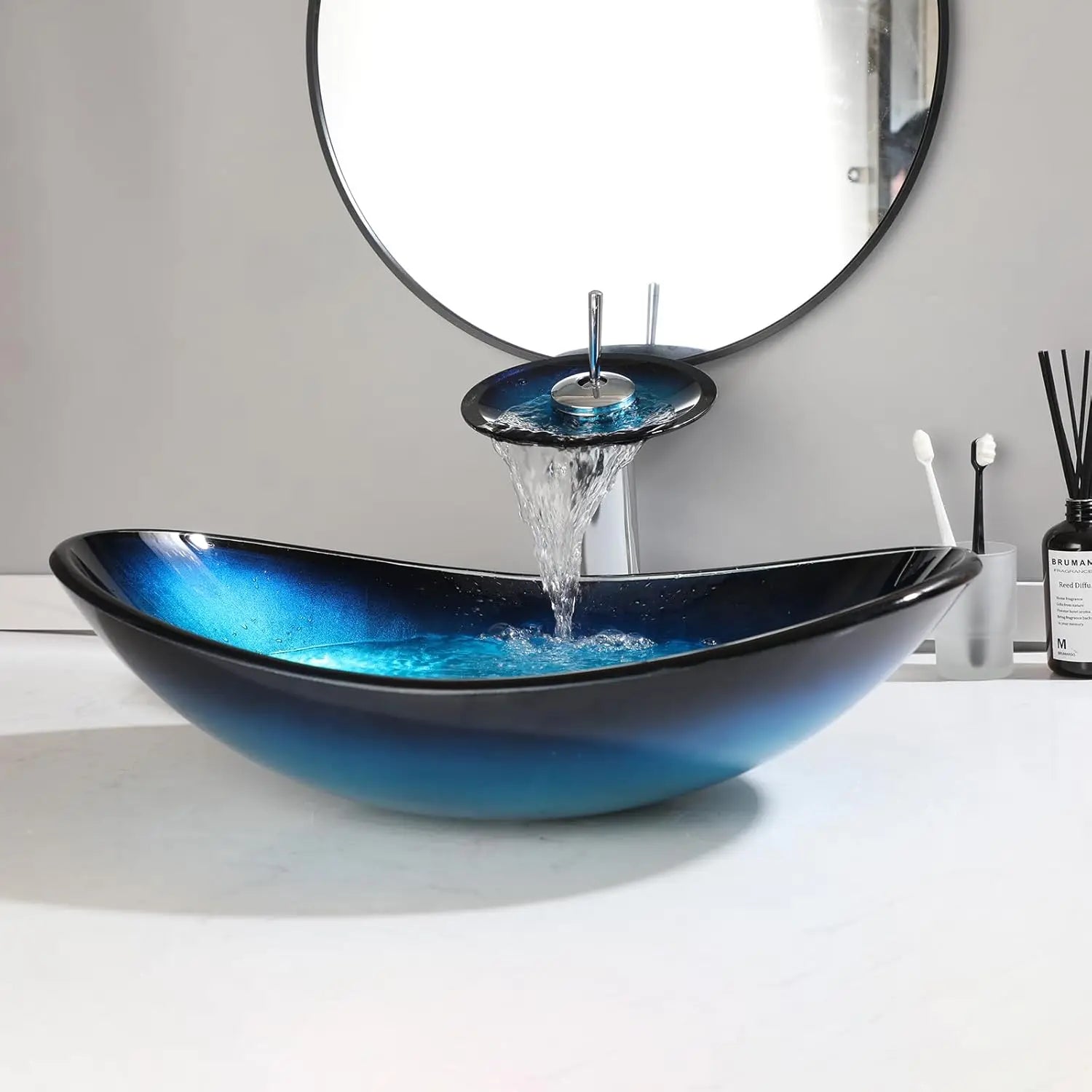 KEMAIDI Tempered Glass Countertop Washbasin Bowl Faucet Set
