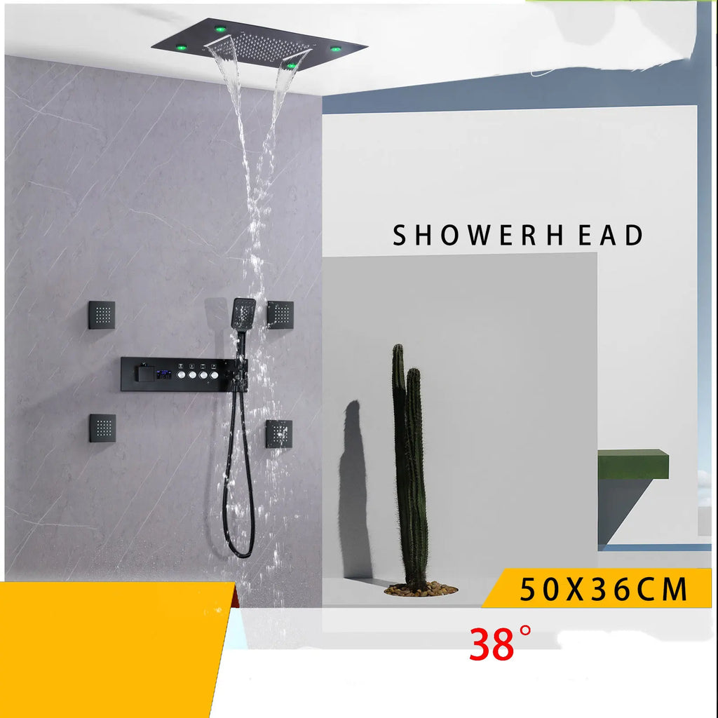 Concealed Brass Shower, LED Thermostatic digital display, showerheads set into the Wall, concealed showerhead in ceiling