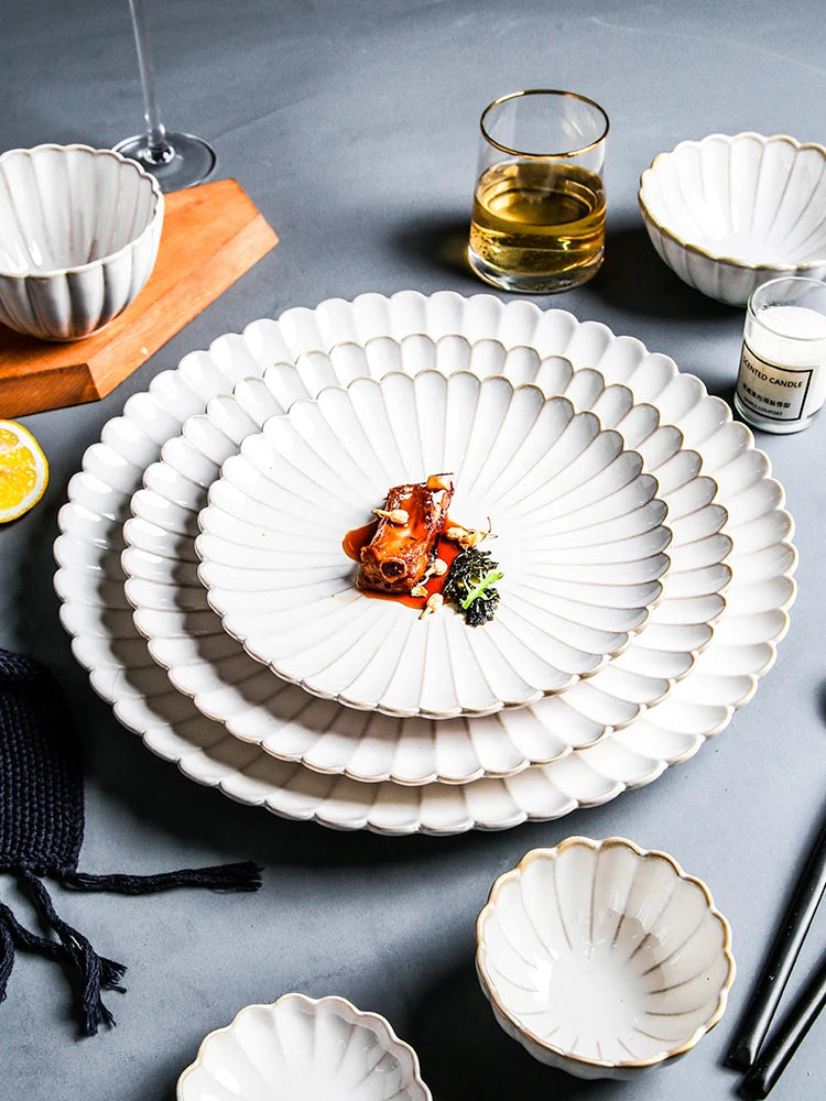 Nordic Household White Bowls Dinner Plates Ceramic White Glaze Tableware Set Western Steak Dish Salad Bowl Vegetable Fish Plate